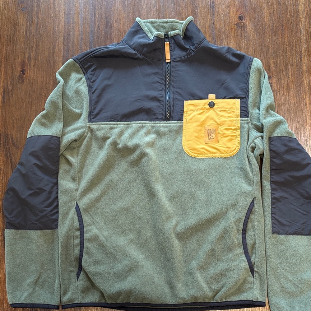 Topo Designs Green and Black Fleece Jacket with Yellow Pocket
